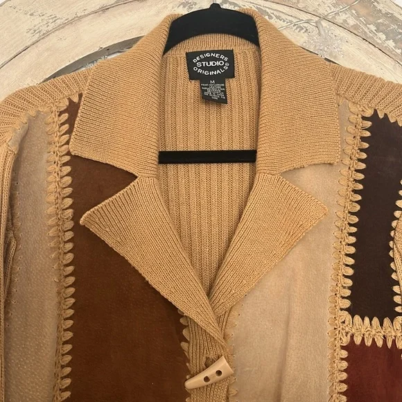Vintage 90s Western Genuine Leather Patchwork and Knit Cardigan Sweater - Picture 2 of 6